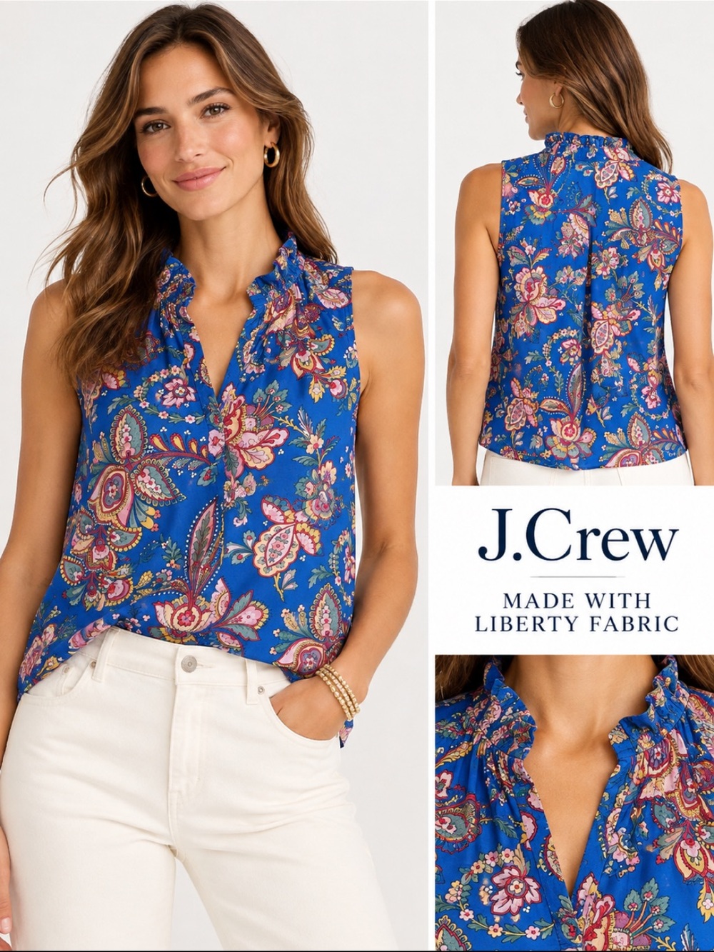 J. Crew Blue Floral Paisley Sleeveless Ruffle Neck Top